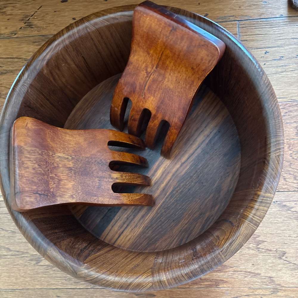 Selandia Denmark Vintage 60s Thai Staved Teak Wood Large Bowl + Salad Hands EPOC